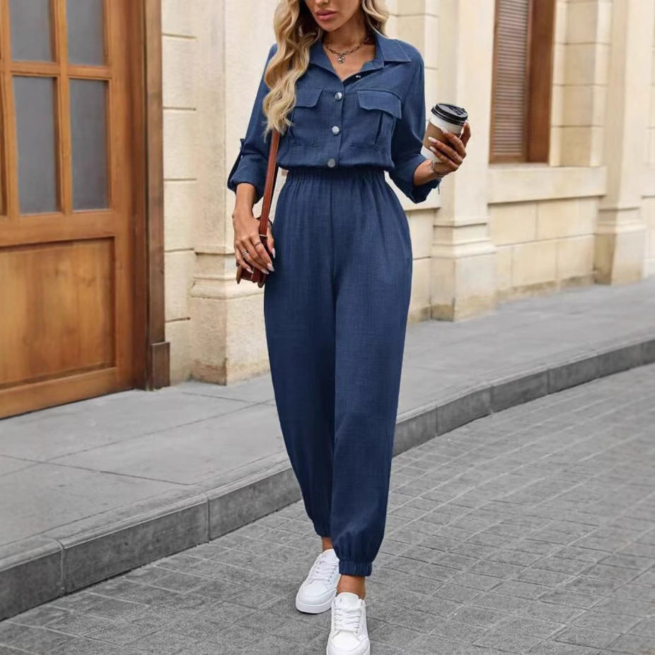 Women's Long-sleeved Lapel Fashion Shirt Jumpsuit