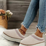 White Embroidered Sherpa Plush Thick Sole Winter Slippers