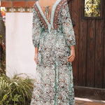 Green Boho Floral Print Lace-up Open Back High Waist Maxi Dress