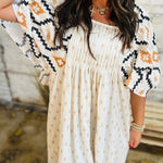 Beige Western Aztec Print Pleated Square Neck Loose Mini Dress