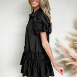 Black Shirt Style Button Down Puff Sleeve Ruffle Hem Dress