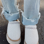 White Embroidered Sherpa Plush Thick Sole Winter Slippers