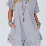 Light Grey Lace Floral Patchwork Ruffled T-shirt Dress