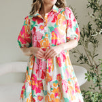 Pink Floral Puff Sleeve Collar Buttoned Babydoll Dress