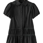 Black Shirt Style Button Down Puff Sleeve Ruffle Hem Dress