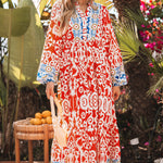 Orange Boho Geometric Printed Long Sleeve Maxi Dress