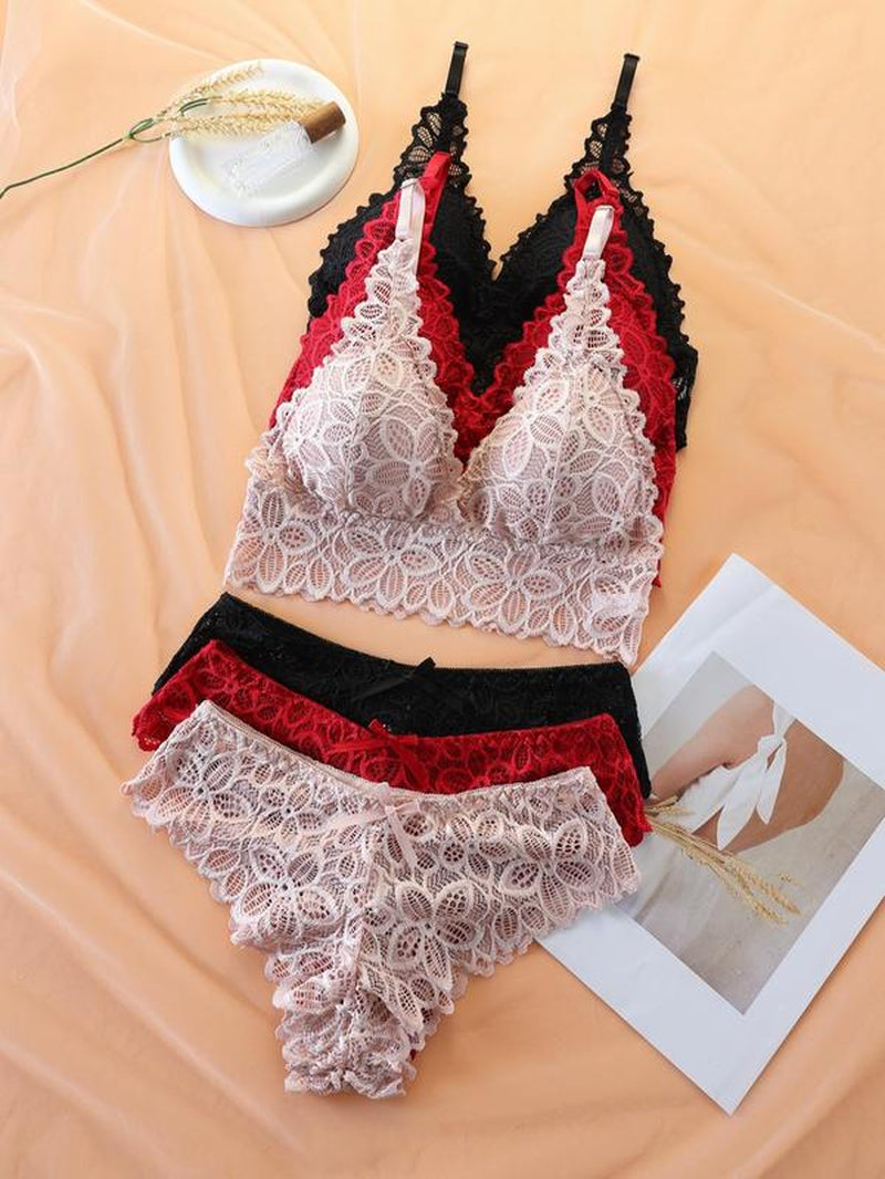 Women'S Back to School Lace Underwear Set, Romantic Adjustable Strap Wireless Bra & Bow Decor Panty Set, Fall Clothes, Women'S Lingerie Set, Lingerie for Women