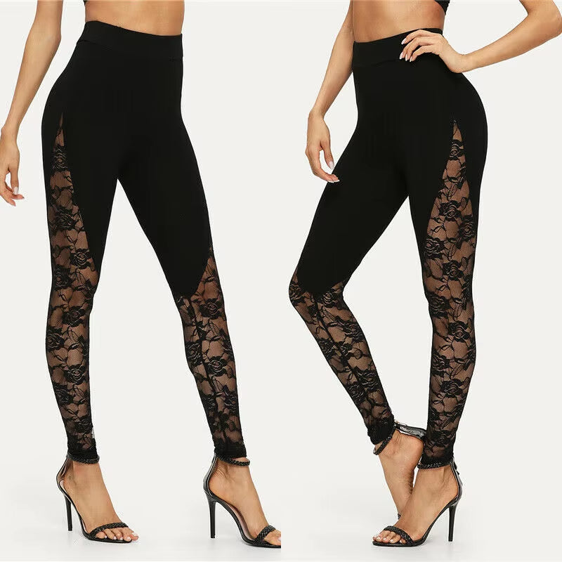 Sexy High Waist Black Lace Leggings Women'S Ladies Floral Lace Side Panel Cut Out Black Leggings S M L 2XL