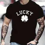 LUCKY&Clover Pattern Printed Men's Comfort T-shirt, Pattern T-shirt For Men's Summer Outdoor Clothing, Men's Clothing, Men's Top