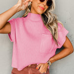 Pink Patch Pocket Ribbed Knit Short Sleeve Sweater