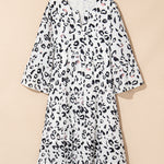 White Leopard Print Notch V Neck Loose Fit Maxi Dress