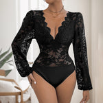 Tight Long Sleeve V-neck Lace Jumpsuit