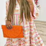 Orange Bohemian Printed Bracelet Sleeve Slit Neck Ruffled Loose Dress