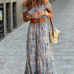 Blue Boho Paisley Print Off Shoulder Maxi Dress