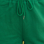 Dark Green Textured Ruffle Split Top and Drawstring Shorts