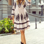 Beige Western Pattern Print Tasseled Notch V Neck Mini Dress