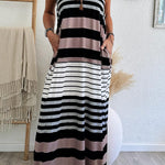 Multicolour Mixed Stripes Spaghetti Straps V Neck Maxi Dress