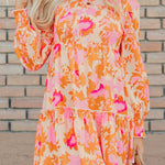 Orange Abstract Print Smocked Lantern Sleeve Ruffle Mini Dress