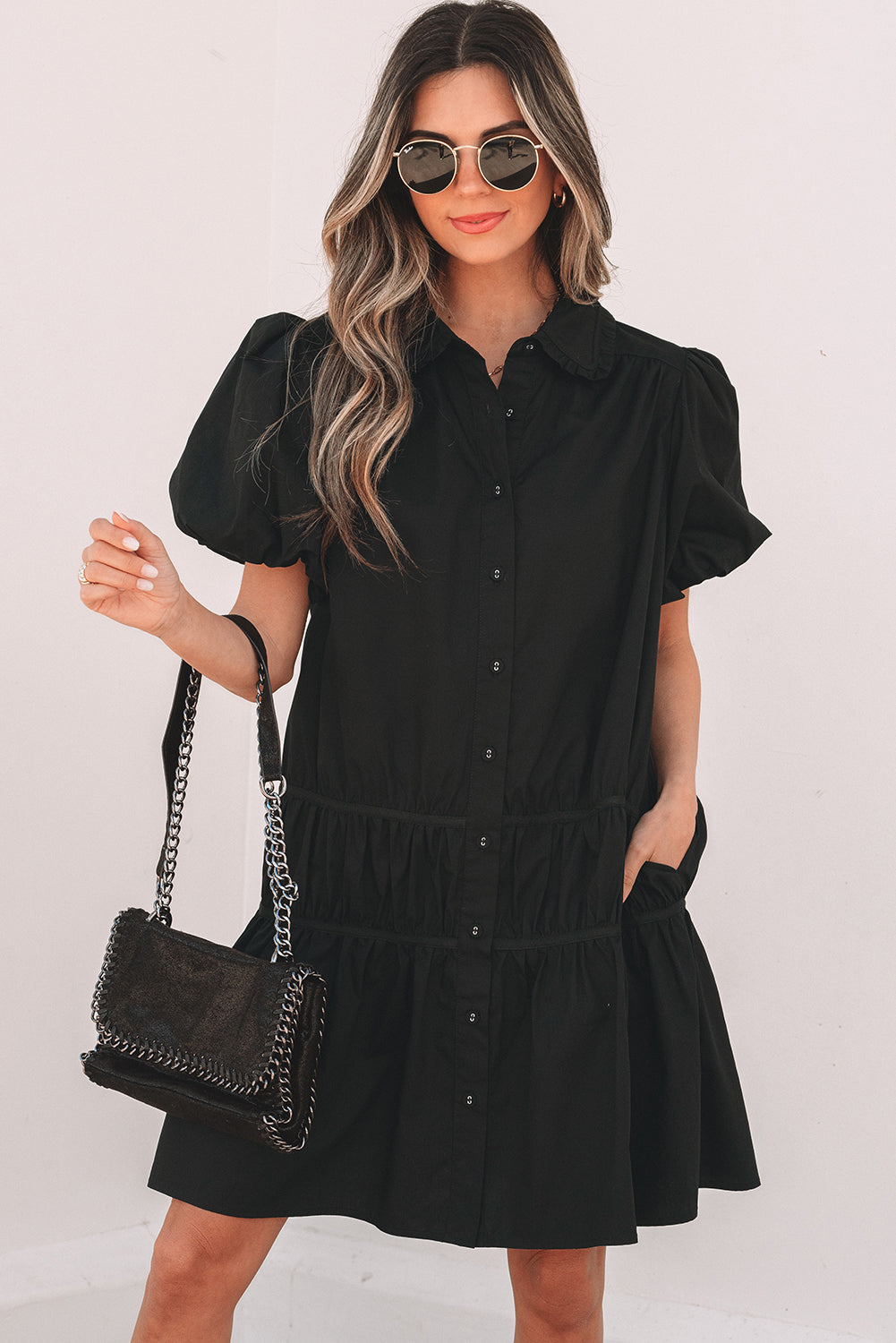 Black Shirt Style Button Down Puff Sleeve Ruffle Hem Dress