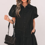 Black Shirt Style Button Down Puff Sleeve Ruffle Hem Dress