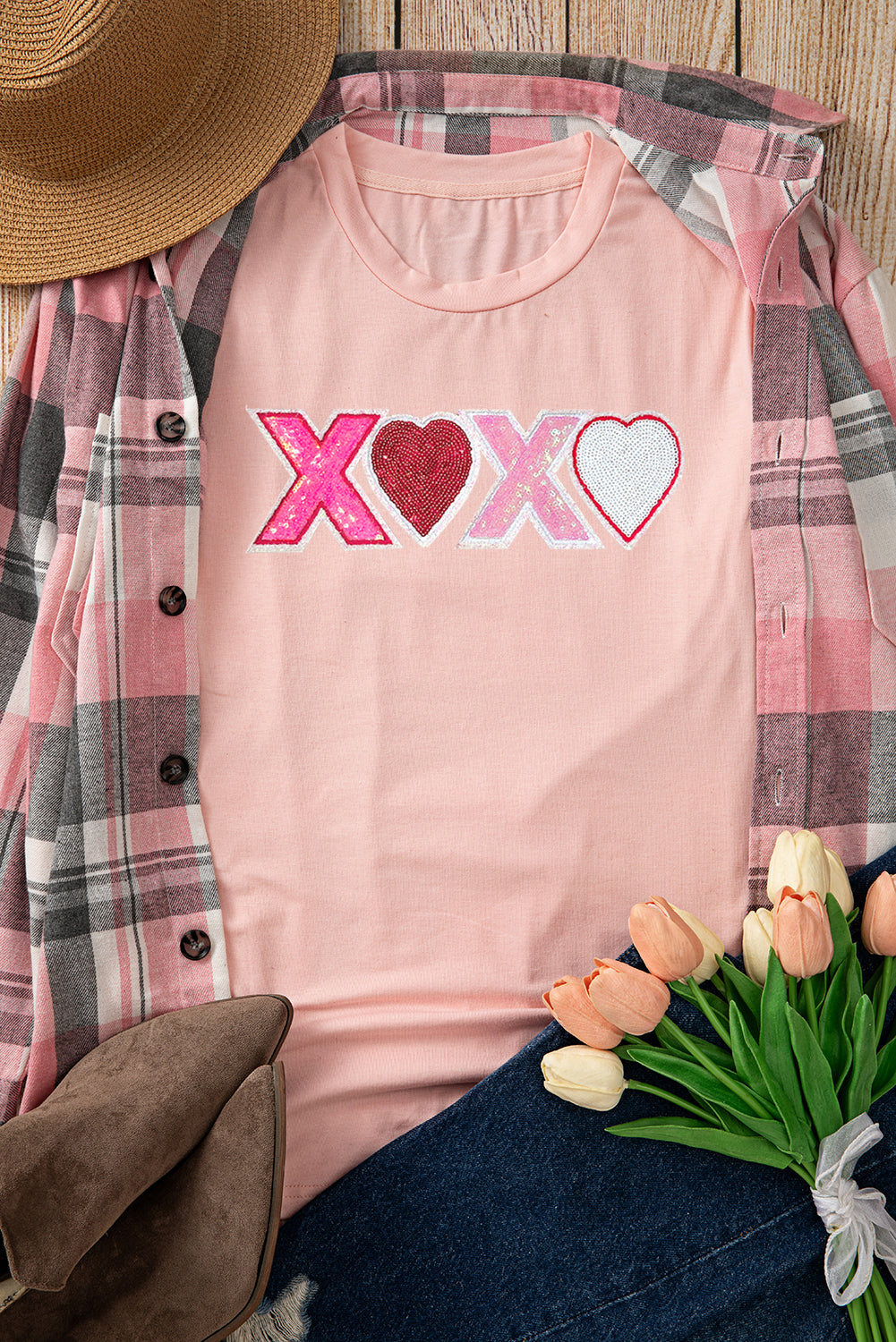 Pink Sequin Heart XOXO Patched Graphic Valentines T Shirt