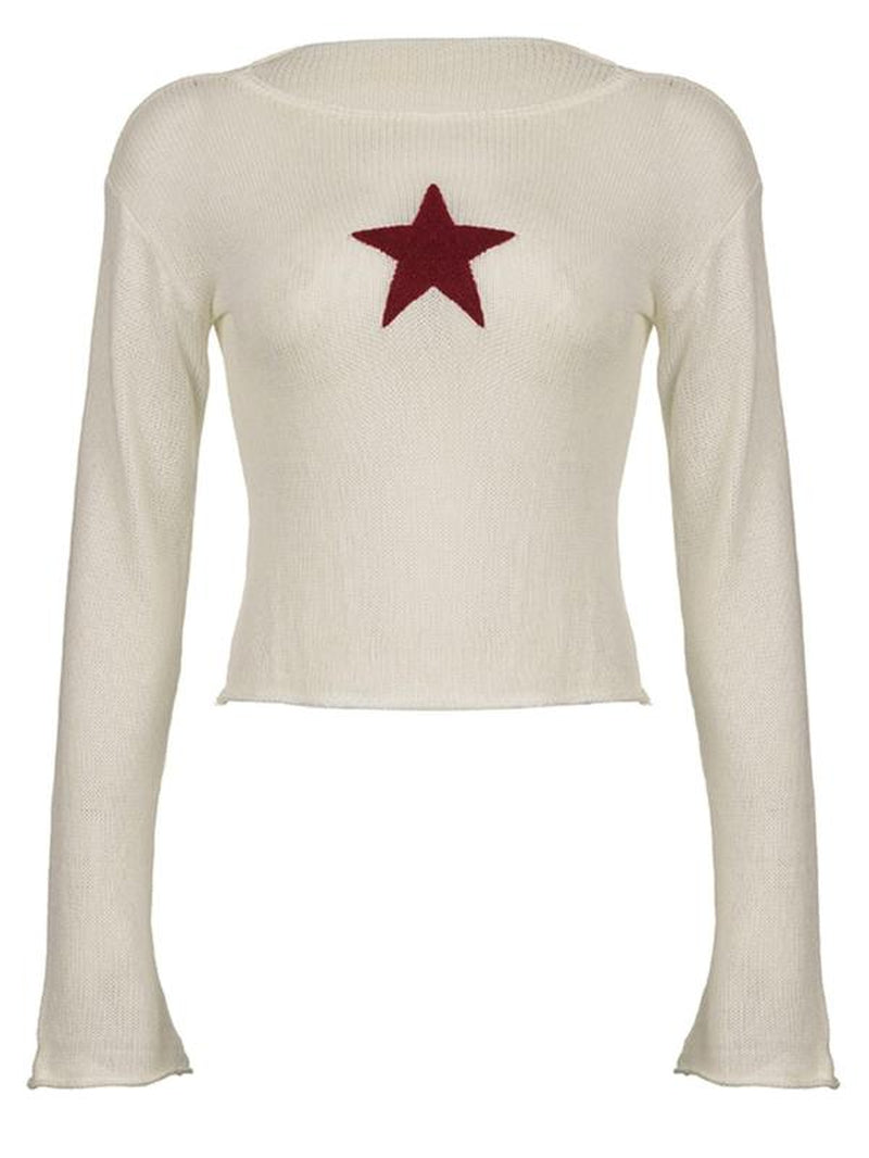 Women'S Y2K Star Graphic Drop Shoulder Crop Sweater, Comfortable Womenswear for Lady, Cozy Sweaters, Extra-Long Sleeve round Neck Jumper for Fall, Women'S Knitwear Top, Please Purchase a Size Up, Fall Outfits, Fallfreshness Preppy 80S Clothes