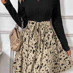 Black Ribbed Knit Patchwork Printed Belted A-line Dress