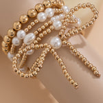 Gold Bow Knot Pearl Beaded Multi Layered Bracelet Set