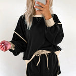 Black Color Contrast Loose Pullover and Lace-up Waist Skort Set