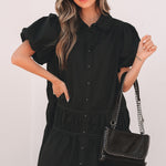 Black Shirt Style Button Down Puff Sleeve Ruffle Hem Dress