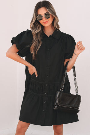 Black Shirt Style Button Down Puff Sleeve Ruffle Hem Dress