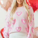 Pink Heart Shape Bubble Sleeve Baggy Sweater