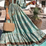 Green Boho Floral Print Lace-up Open Back High Waist Maxi Dress