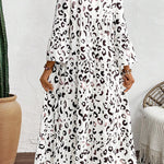 White Leopard Print Notch V Neck Loose Fit Maxi Dress