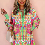 Orange Western Geometric Print Cuffed Shift Shirt Dress