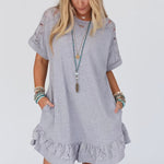 Light Grey Lace Floral Patchwork Ruffled T-shirt Dress