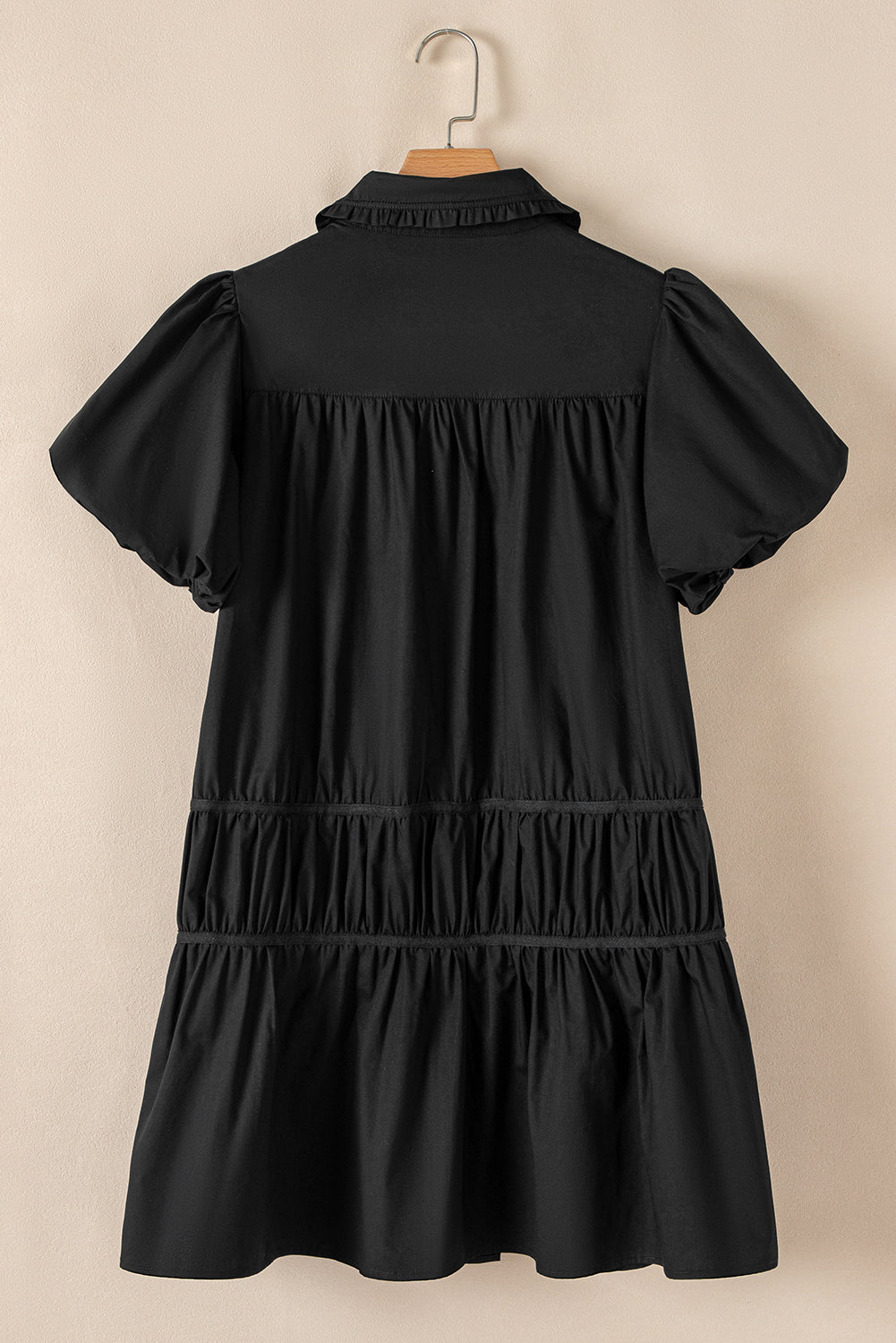 Black Shirt Style Button Down Puff Sleeve Ruffle Hem Dress