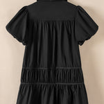 Black Shirt Style Button Down Puff Sleeve Ruffle Hem Dress