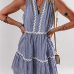 Blue Stripe Sleeveless Notched V Neck Contrast Ric Rac Mini Dress