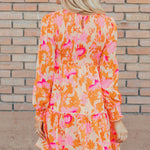 Orange Abstract Print Smocked Lantern Sleeve Ruffle Mini Dress