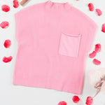 Pink Patch Pocket Ribbed Knit Short Sleeve Sweater