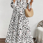 White Leopard Print Notch V Neck Loose Fit Maxi Dress