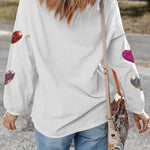 White Valentines Heart Patched Pattern Corded Pullover Sweatshirt