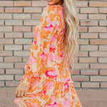 Orange Abstract Print Smocked Lantern Sleeve Ruffle Mini Dress