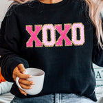 Black Chenille XOXO Patched Drop Shoulder Valentines Pullover Sweatshirt