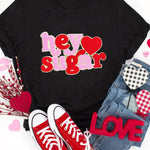 Black Chenille Heart hey sugar Patched Crewneck Valentines Tee