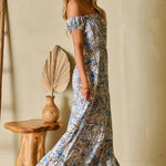 Blue Boho Paisley Print Off Shoulder Maxi Dress