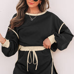 Black Color Contrast Loose Pullover and Lace-up Waist Skort Set