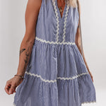 Blue Stripe Sleeveless Notched V Neck Contrast Ric Rac Mini Dress