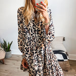 Black Leopard Print Buttoned Front 3/4 Sleeve Tiered Ruffled Hem Dress